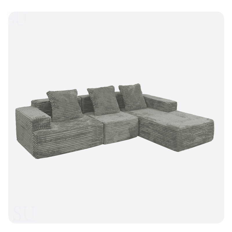 Comfortable Corduroy Sectional Couch With Chaise, Deep Seating L-Shape Sofa For Modern Living Spaces, Antique Gray Fabric