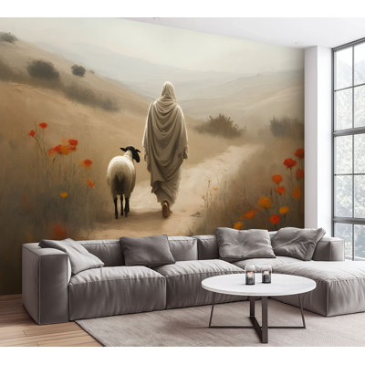 Wall Mural Peel and Stick Wallpaper Jesus Leaves 99 Sheep Christian Lost Lamb Robe Clad Figure Single Self-Adhesive Removable Contact Paper Wall Decor for Living Room Bedroom 100"H x 144"W