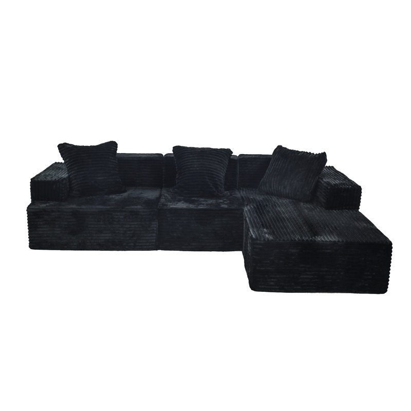 Compression Sectional With Comfy Chaise, Boneless L Shape, Minimalist Modular, Deep Seat Sleeper For Living Room Apartment Bedroom Lounge, Black Brushed Corduroy, Safe New Material, Machine Washable