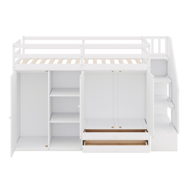 Lit mezzanine avec tablettes, armoires et tiroirs, Blanc