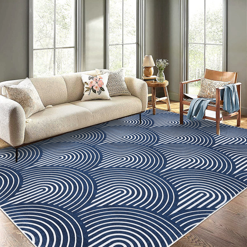Tapis bleu en polyester tissé à la machine Saminah, Rectangle 6 pi x 9 pi