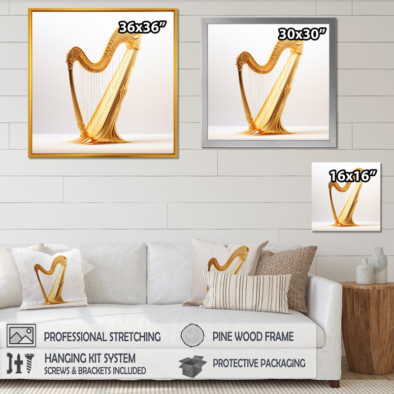«Harp Harmony Golden Serenity I», reproduction sur toile, Cadre simple noir, H 24 po x l 24 po x P 1 po