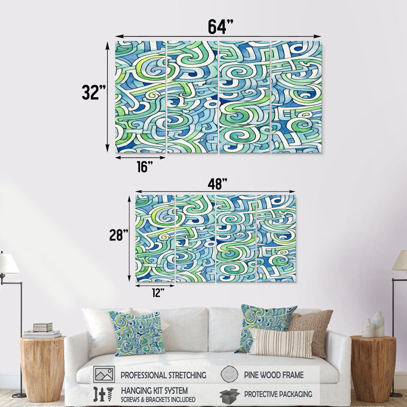 Abstrait vagues géométriques vert bleu - Ensemble de décorations murales vagues abstraites modernes, H 28 po x l 48 po