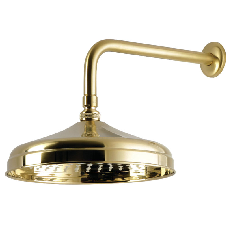 Kingston Brass Trimscape 10-Inch Round Raindrop Brass Shower Head with 12-Inch Shower Arm, Brushed Brass