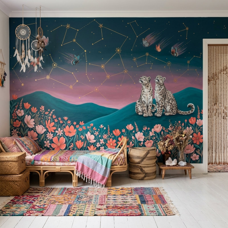 Papier peint Dark Night Sky Constellations Snow Leopards, Peler et coller, 200 po x 120 po