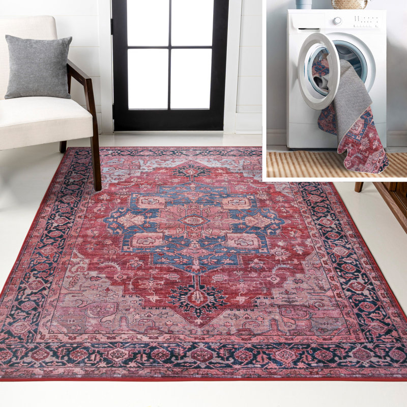 Tapis rouge / noir / bleu Sarok, Rectangle 5 pi 3 po x 7 pi 7 po