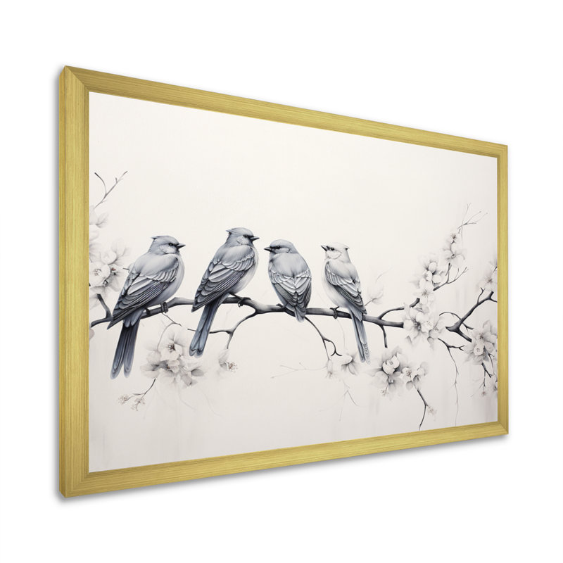 Birds On The Brink I - Art mural d'oiseaux pour le salon, Cadre doré simple, H 12 po x l 20 po x P 1 po