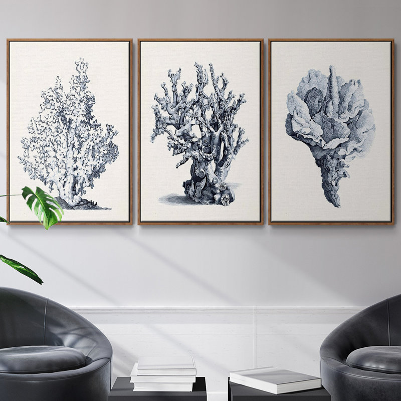 Blue Antique Coral I - ensemble de 3 reproductions de photos sur toile, H 40 po x l 78 po, Noyer
