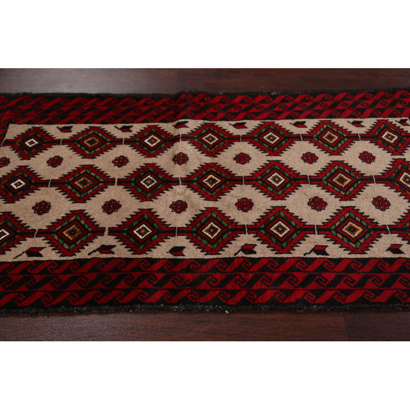 Tapis unique rouge / beige en laine nouée à la main nouvel âge de style oriental 2 pi 11 po x 5 pi 5 po