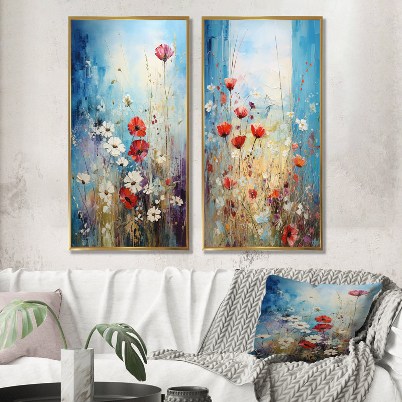 Ensemble de 2 impressions sur toile rouges et blanches «Meadow View I», Cadre flottant doré, H 32 po x l 33 po