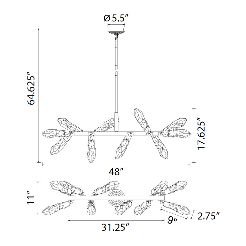 Luminaire suspendu en cristal 10 lumières Angelus, Noir brossé satiné