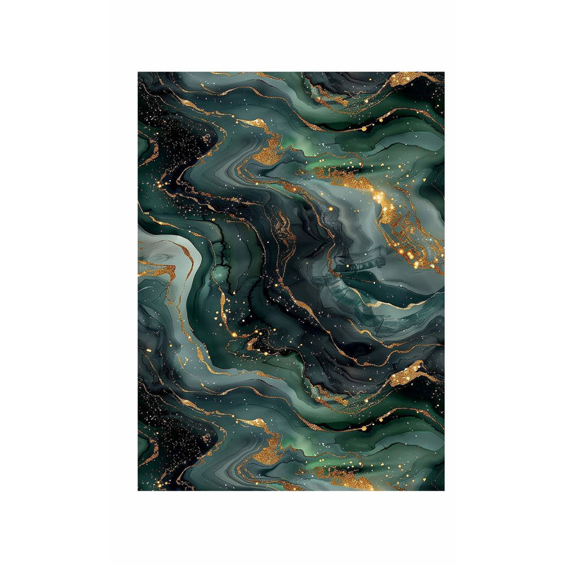 Abstrait vert émeraude et cristaux de marbre géode dorée VII, reproduction d'art moderne sans cadre, H 36 po x l 24 po