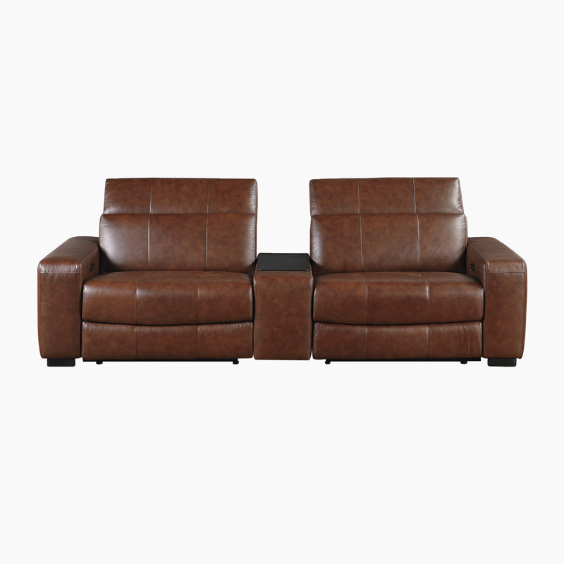 Causeuse inclinable électrique double en cuir fleur de style moderne et contemporain avec console et chargement sans fil et ports USB-A & C intégrés Oaks