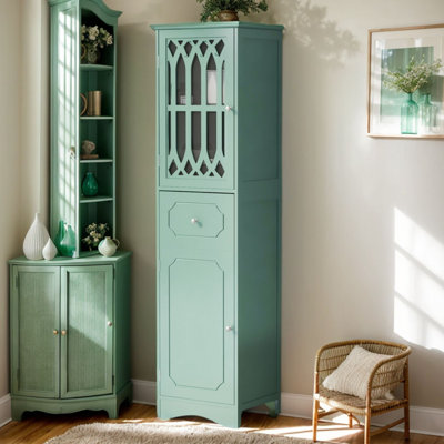 Armoire autoportante en lin 63,8 "avec porte en acrylique et tablette et tiroir réglables, armoire de salle de bain haute, armoire de rangement en bois pour le bureau de la cuisine du salon