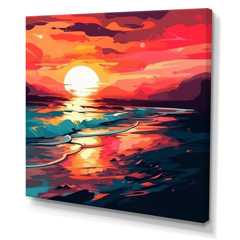 Coucher de soleil sur la plage, couleurs rétro expressives I sur toile, H 36 po x l 36 po x P 1,5 po, Toile tendue