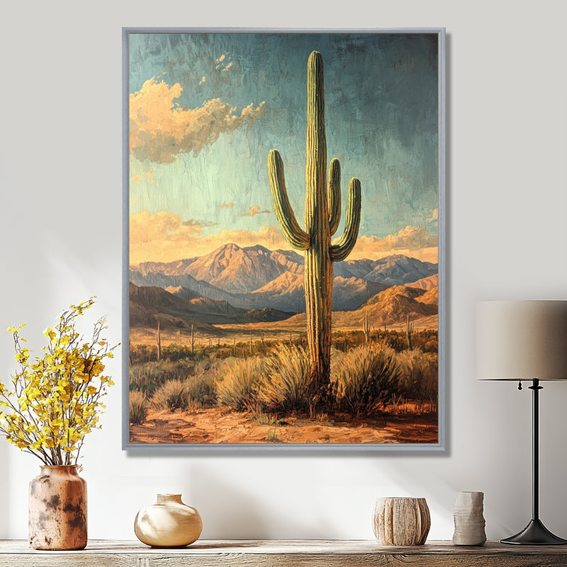 Cactus jument et les montagnes du désert I - Cactus, H 20 po x l 12 po, Impression encadrée sans passe-partout, Argent argent