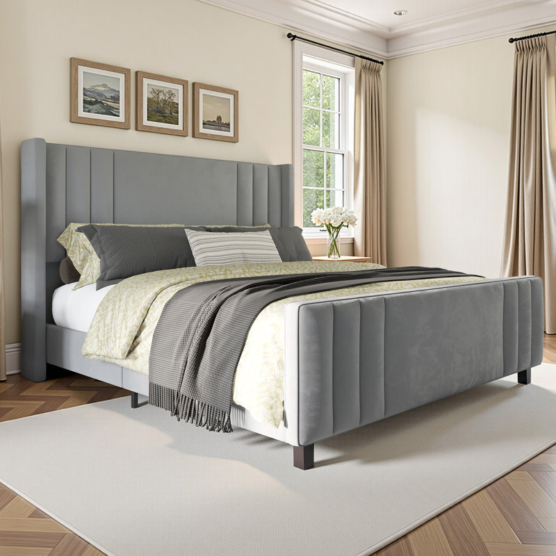 Lit plateforme tapissier Aurieona, gris, Très grand