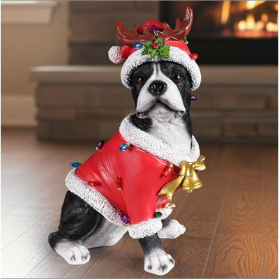 Statue de Noël terrier de Boston, figurine de chien des Fêtes en tenue de père Noël