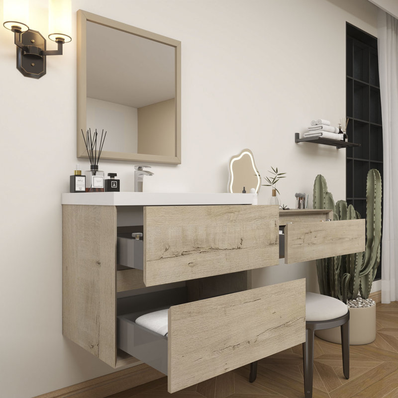 Meuble-lavabo mural Aliki avec évier en acrylique renforcé, Chêne clair, 70"