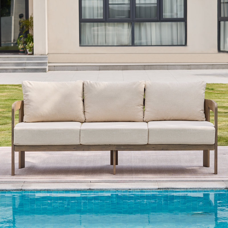 Aluminum 3-Person Patio Sofa With Thick Cushions, Beige Cushion/Brown Frame