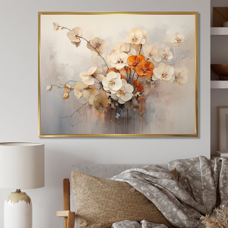 Reproduction sur toile d'un minimalisme minimaliste beige et orange, Cadre flottant doré, H 24 po x l 32 po x P 1 po