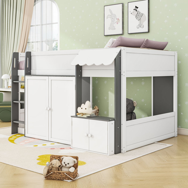 Lit mezzanine double avec échelle et armoire, Blanc / Gris