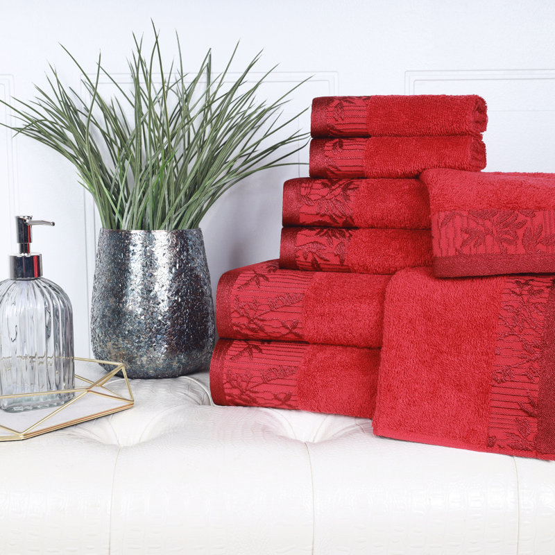 Carinna Cotton Medium Weight Floral Jacquard Border Assorted Bathroom Towel Set, Garnet, 8 Piece Towel Set