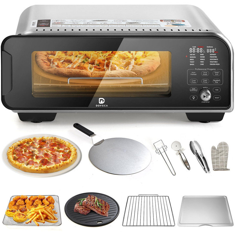 Four à pizza électrique de comptoir, 800 po, pizzas de 12 po, 15 fonctions, 10 accessoires, acier inoxydable