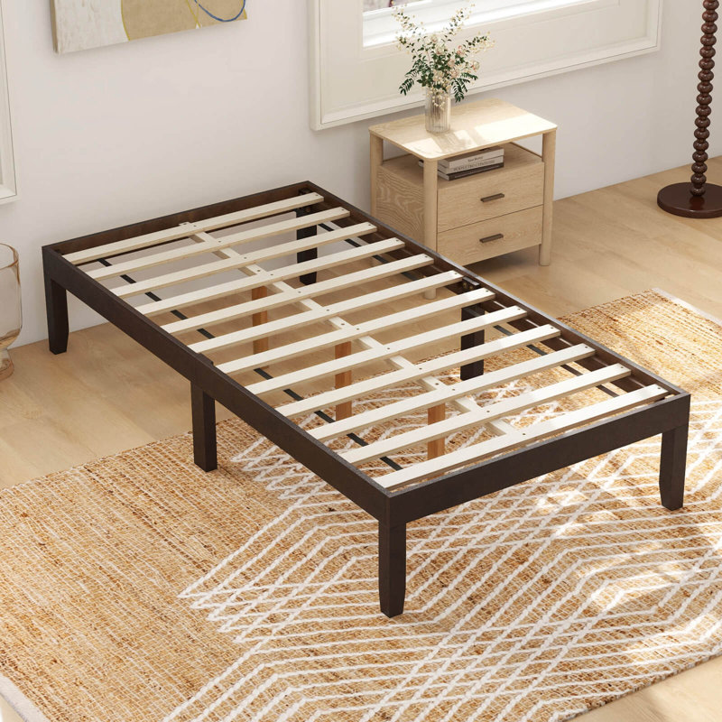 Wooden Platform Bed Frame 14" With Rubber Wood Legs Under-bed Storage, Twin, Espresso