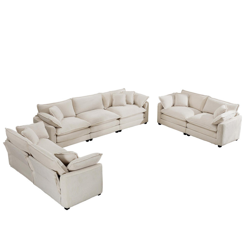 Ensemble de canapé de salon moderne en tissu 2 pièces, 2 canapés 2 places et 1 canapé 3 places, ensemble de 3 canapés rembourrés avec coussins et coussins confortables, tissu velours côtelé beige clair