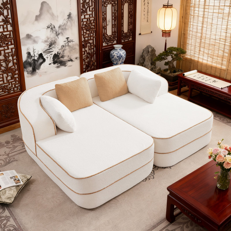Canapé en éponge à densité élevée de 77,2 po sans assemblage en peluche 32D, canapé moelleux et confortable avec canapé double, canapé-lit, couleur contrastante, esthétique symétrique, pour le salon, blanc