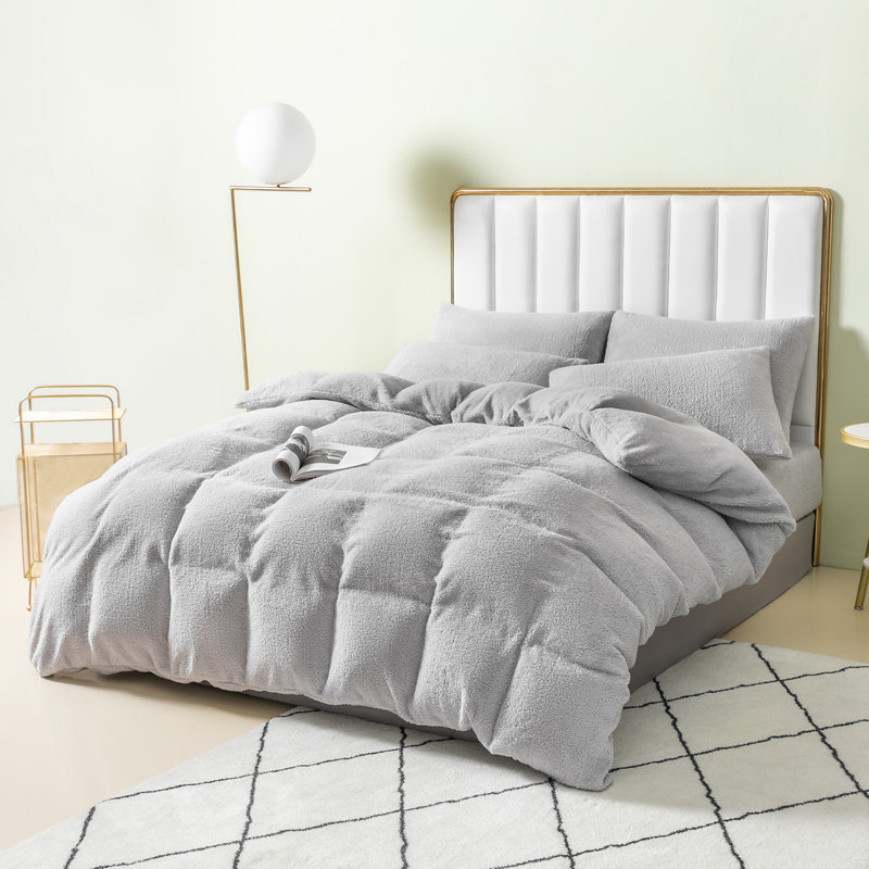 Teddy Fleece Duvet Cover set, Light Grey, Single - 1 Standard Pillowcase