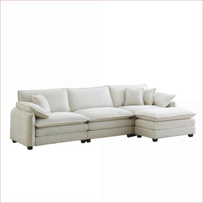 Sectional Sofas | L-shaped Oversize 3-Seater with Ottoman, Modern Retro for Living Room Apartments | off-white | Corduroy