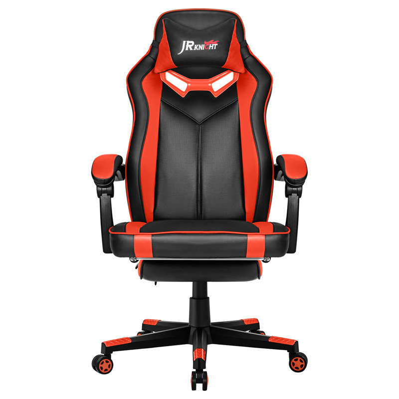 JR Knight Adjustable Reclining Ergonomic Faux Leather Swiveling PC & Racing Game Chair with Footrest, Black/Red