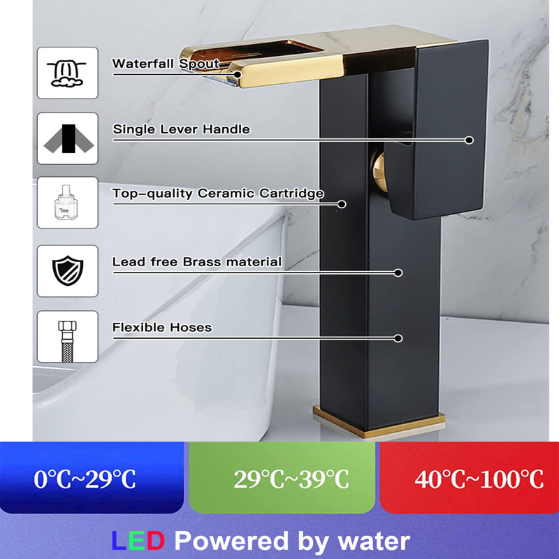 Robinet pour vasque de salle de bain Waterfall, Or / noir mat