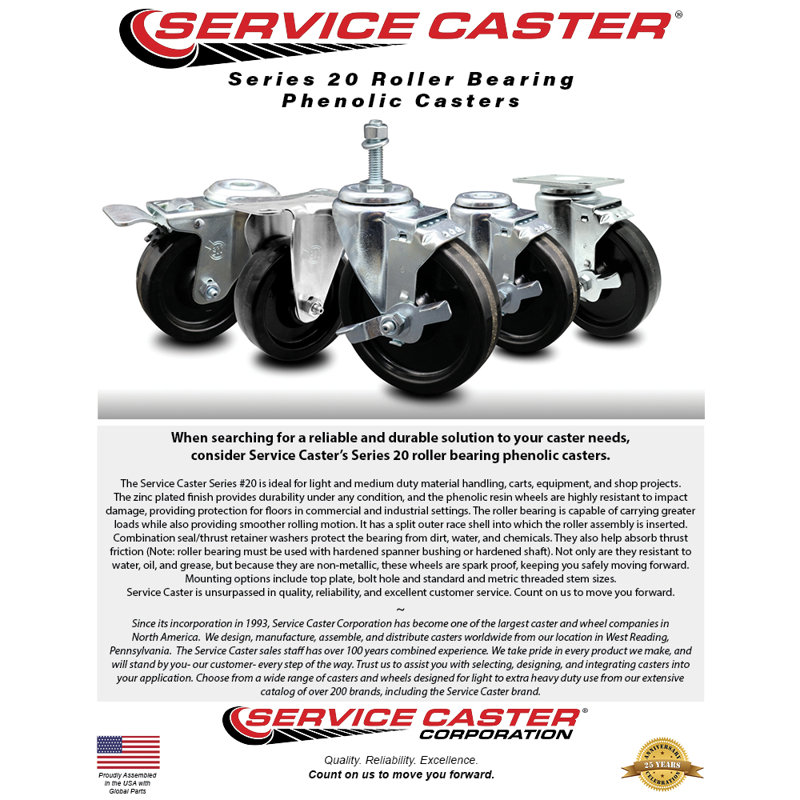 3.5 Inch Phenolic Wheel Swivel Top Plate Caster Set 2 Posi Brakes 2 Rigid SCC|SCC-20S3514-PHR-PLB-2-R-2