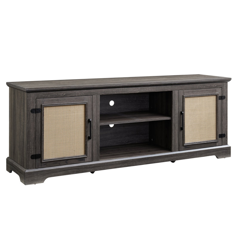 Meuble télé Farmhouse Rattan Meuble télé pour téléviseur de 70 po ou moins, console avec 2 tablettes de rangement, 2 armoires à portes en rotin naturel, l 65 po x P 15,55 po x H 23,86 po, gris