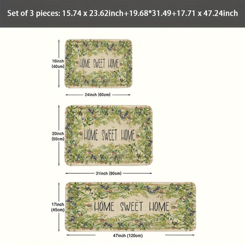 Ensemble de 3 tapis de cuisine Olive Branch Home Sweet Home pour cuisine, salle à manger, beige vert