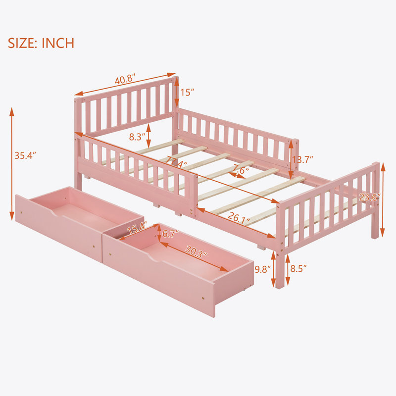 Twin Wood Platform Bed with Guardrails on Both Sides and Two Storage Drawers, Pink