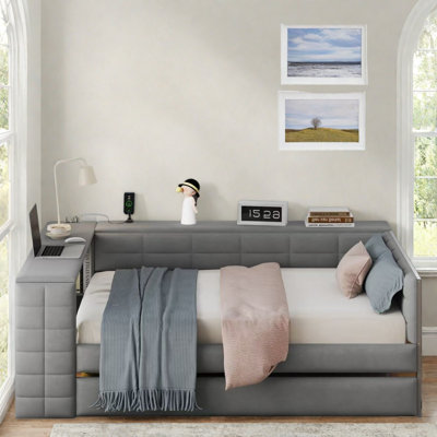 Upholstered Daybed With Storage Shelves, Desk, Charging Station And Trundle