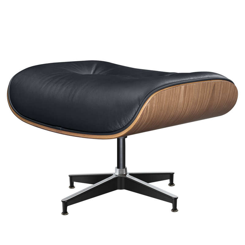  Chaise longue pivotante en cuir véritable noir avec repose-pieds en noyer clair
