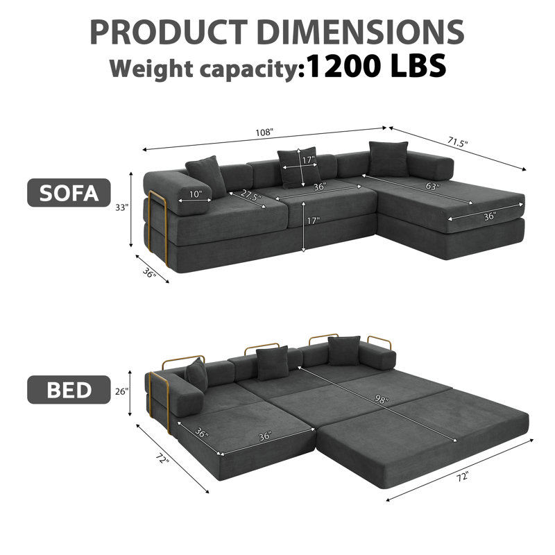 Hartwig Boneless 108" Oversized Modular Sleeper Sectional Compression Sofa Bed with Reversible Chaise, No-Assembly Floor Couch