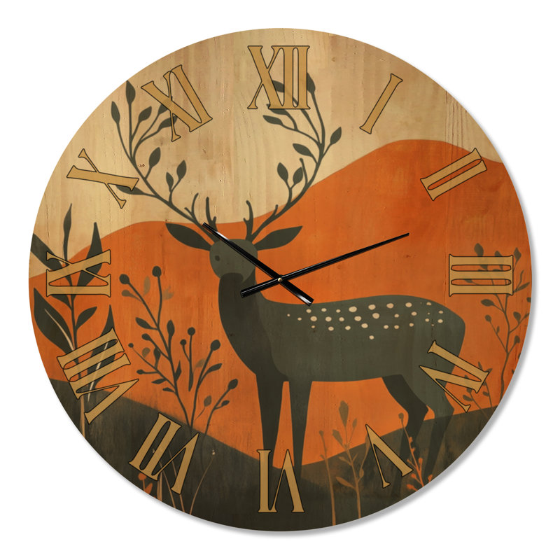 Horloge murale rustique en bois Amber Woodland Deer II - Grande horloge murale en bois, Extra Large