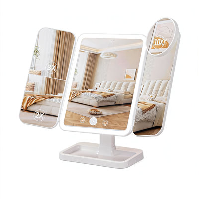 Lighted Makeup Mirror with 75 LEDs, Rechargeable Portable Folding Vanity Mirror, 1X/2X/3X/10X Magnification, 3 Color Modes 1 Pack, (White）