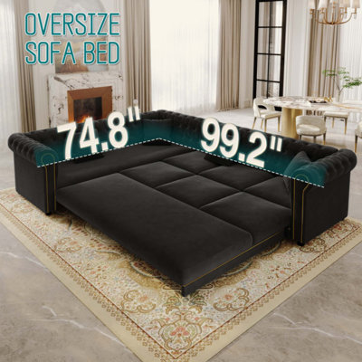 L-Shaped Sofa Couch with Pull-Out Bed, Oversize Convertible Sleeper, Velvet Button Tufted Couch, Gold Trim Rolled Arms, Oversized Deep Seat Luxury Sofa with Throw Pillows for Living Room
