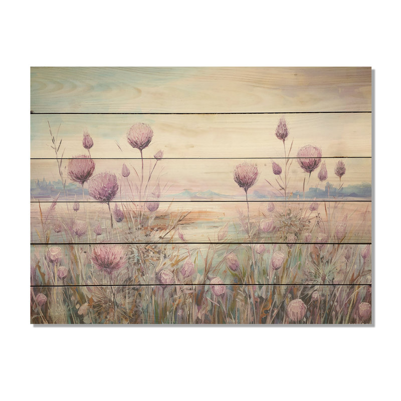 Minimalisme, chardon, nature, fluorescence I - champ de fleurs, art mural sur bois de pin naturel, H 10 po x l 20 po