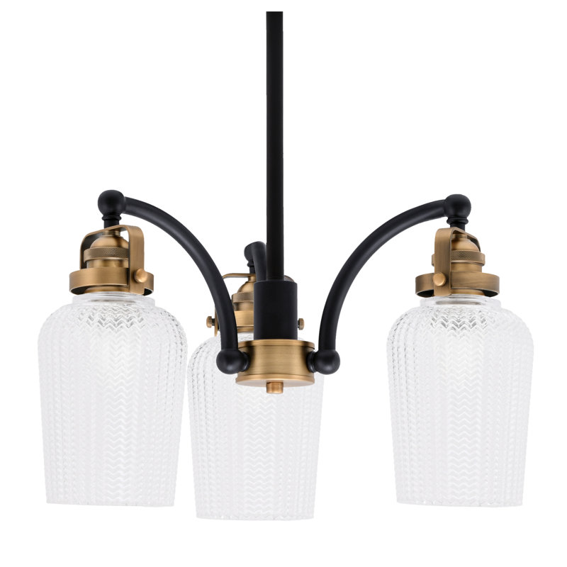 Lustre 3 lumières avec 5 lumières Easton, Noir mat/nickel brossé, Verre texturé transparent