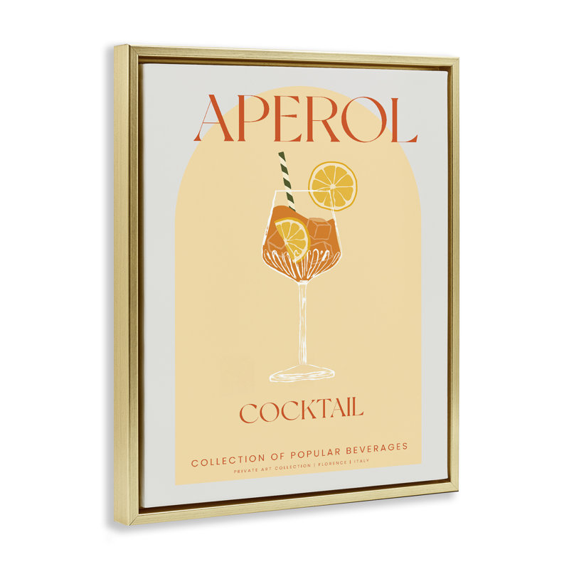 Élégant cadre flottant rétro Aperol Cocktail, design par Lil 'Rue, H 21 po x l 17 po, Cadre flottant métallique doré