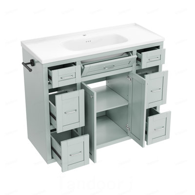 Meuble-lavabo 48 po avec lavabo en céramique - 6 tiroirs, tiroir central rabattable, portes doubles à fermeture en douceur, porte-serviettes latéral réversible, poignées argentées, panneau de fibres à densité moyenne
