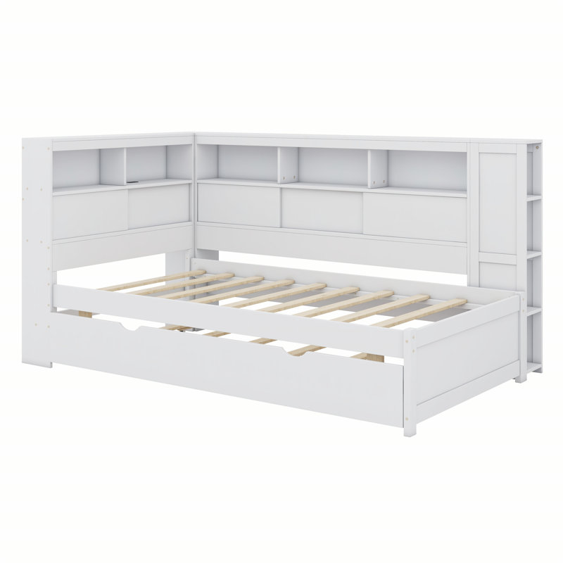 Wood Daybed With Storage Shelves, USB And Trundle, White